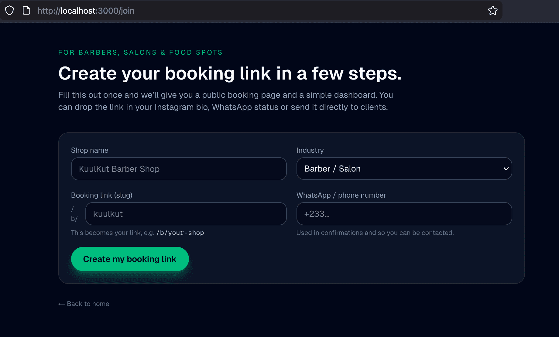 WhatsApp confirmation example